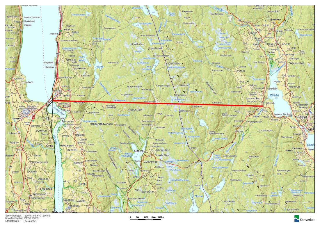 Kart med linje rett fra Løkkerkrysset til Minnesund