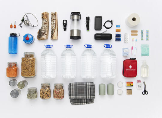 Bildet viser en rekke matvarer og gjenstander som DSB anbefaler at du har hjemme i tilfelle en krise
