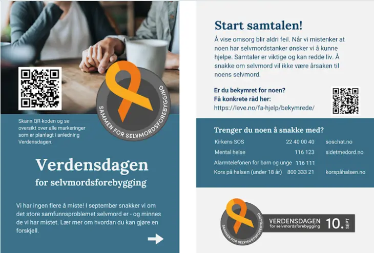 QR-kode og informasjon om verdensdagen for selvmordsforebygging 10. september. Informasjon integrert i tekst.