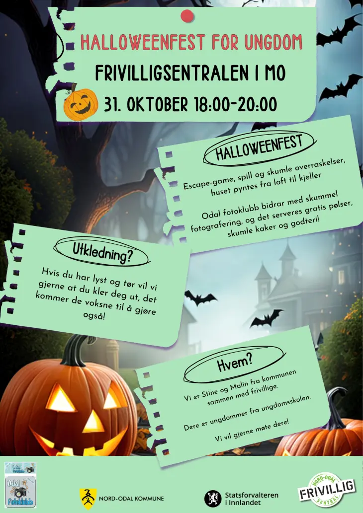 Arrangementsplakat for Møteplassen for ungdom 31. oktober, Halloweenfest. All info finnes i artikkelen